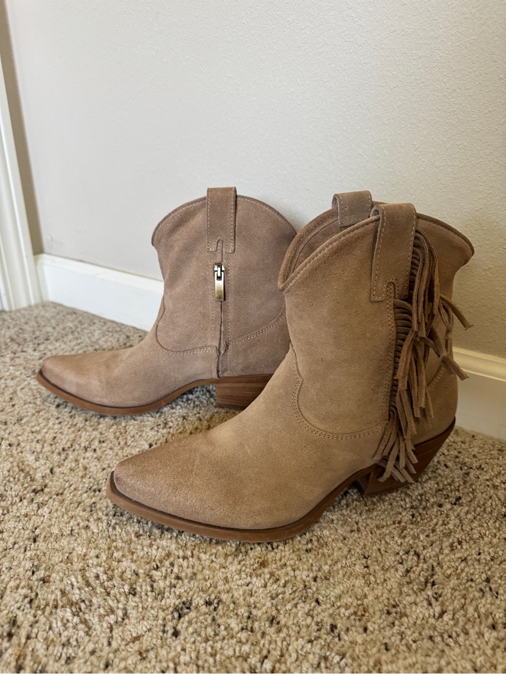 Sundance Suede Fringe Western Ankle Boots - Tan